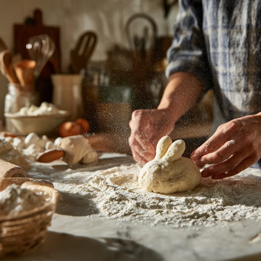 Hände formen Mini-Osterhasen aus Hefeteig auf bemehlter Arbeitsfläche