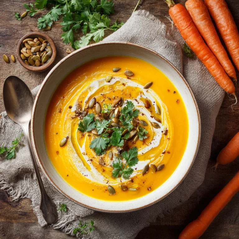 Möhrensuppe cremig von oben mit Kokoscreme und Kürbiskernen
