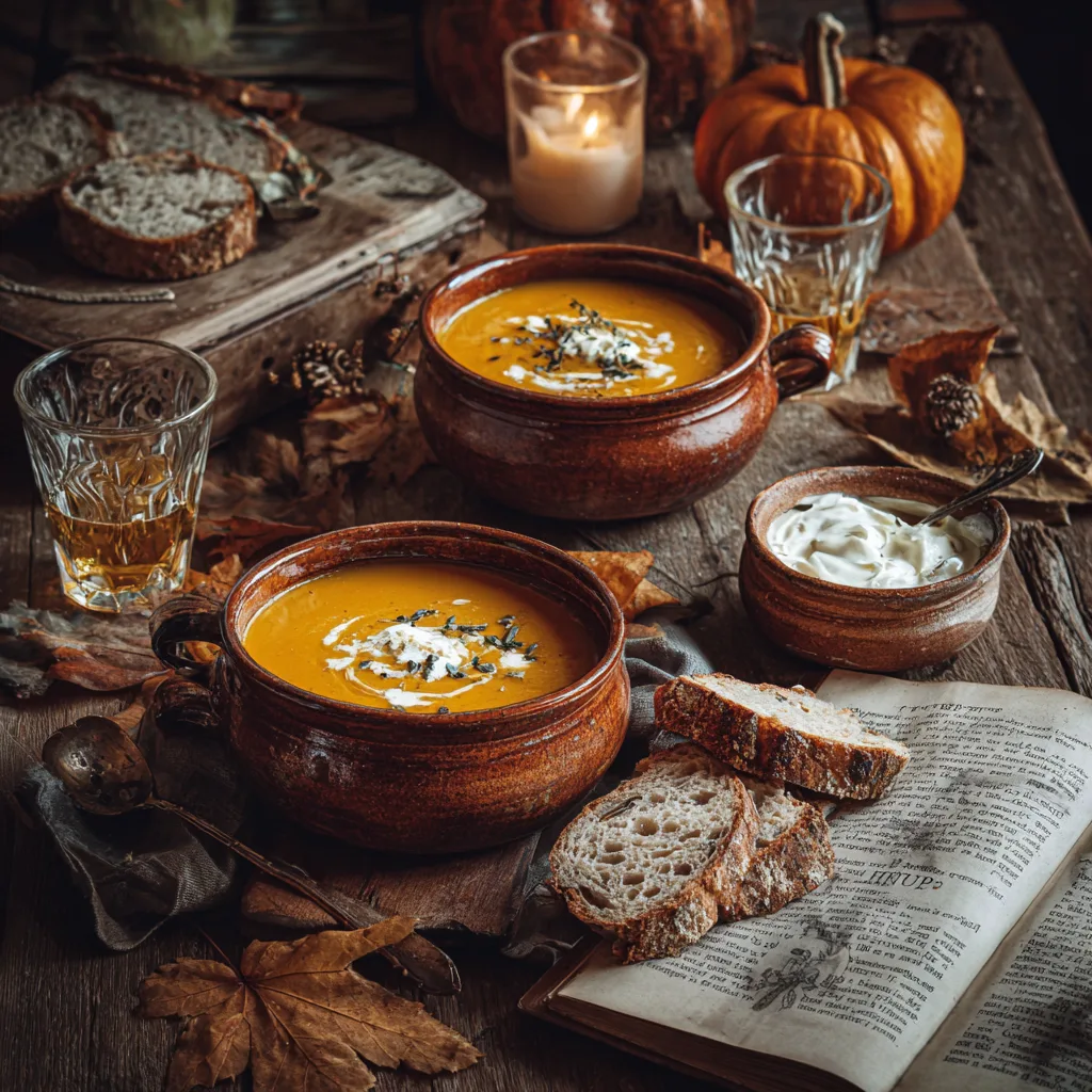 Möhrensuppe serviert mit Brot und Sauerrahm auf gedecktem Tisch