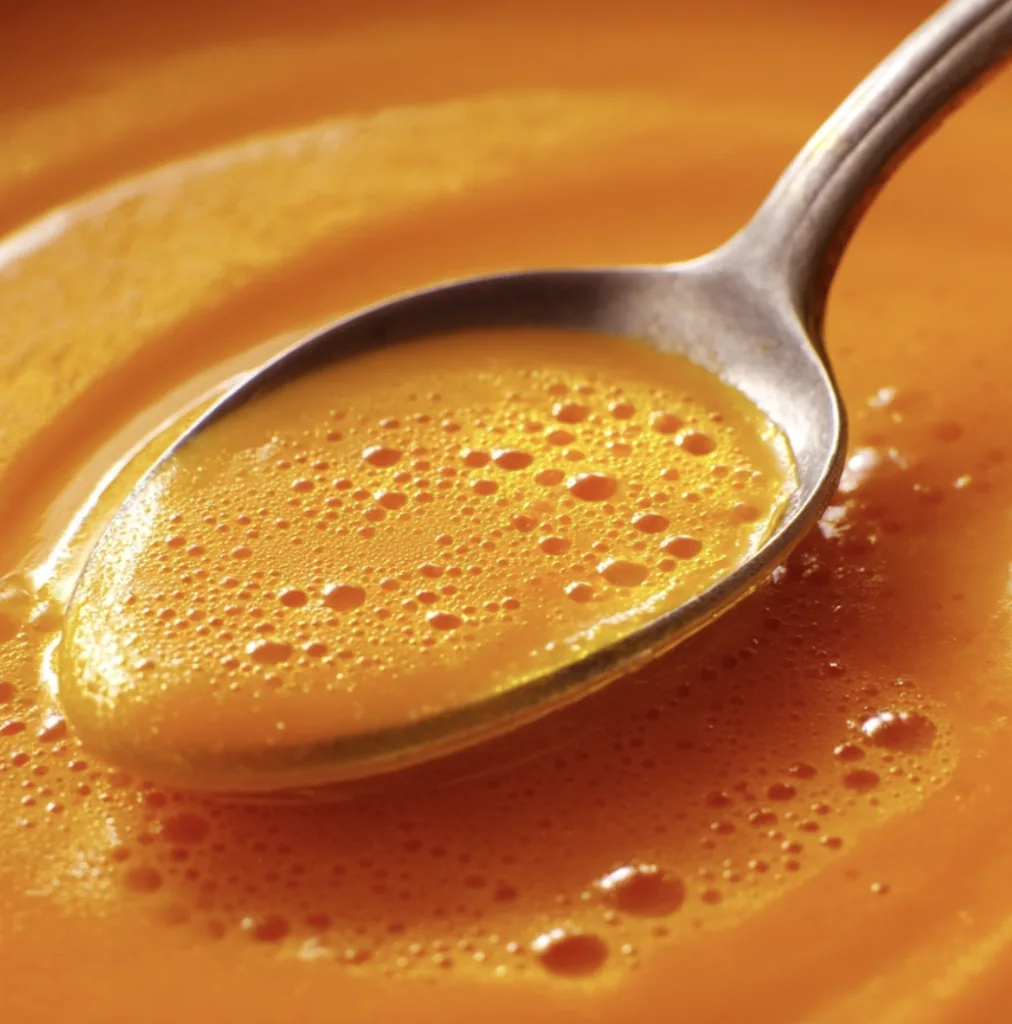 Möhrensuppe Nahaufnahme samtige Textur mit Löffel