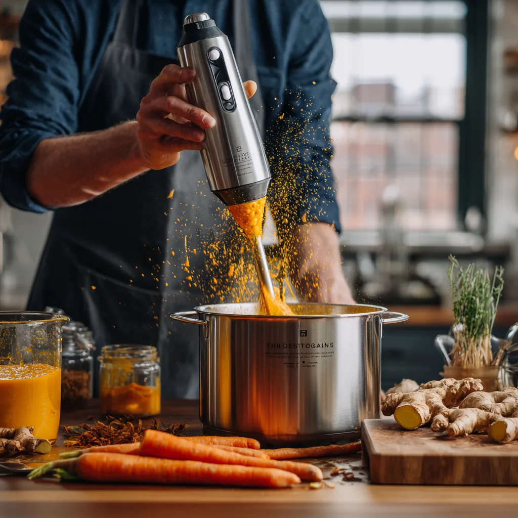 Möhrensuppe zubereiten mit Stabmixer in der Küche