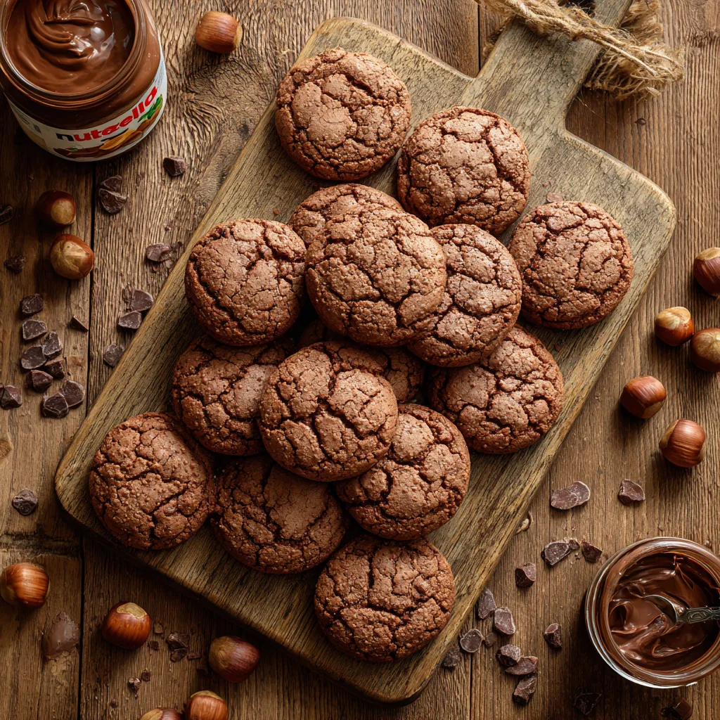 Nutella Kekse Draufsicht auf einem Holzbrett mit Haselnüssen
