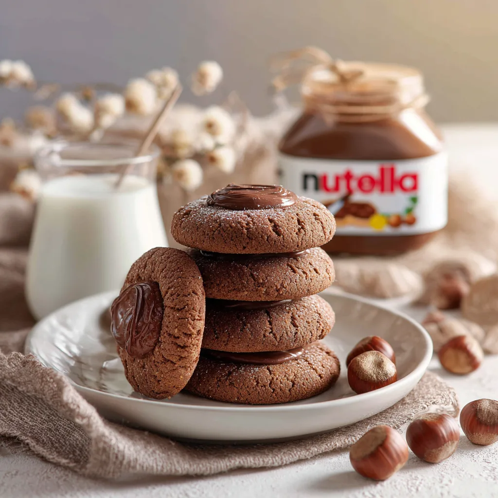 Nutella Kekse serviert auf Teller mit Milch und Haselnüssen