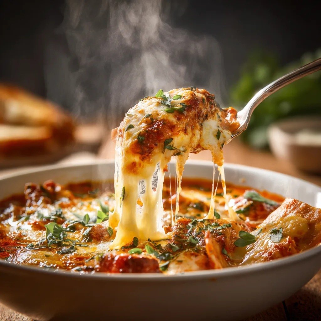 Nahaufnahme One Pot Lasagnesuppe mit schmelzendem Mozzarella und Lasagnenudeln