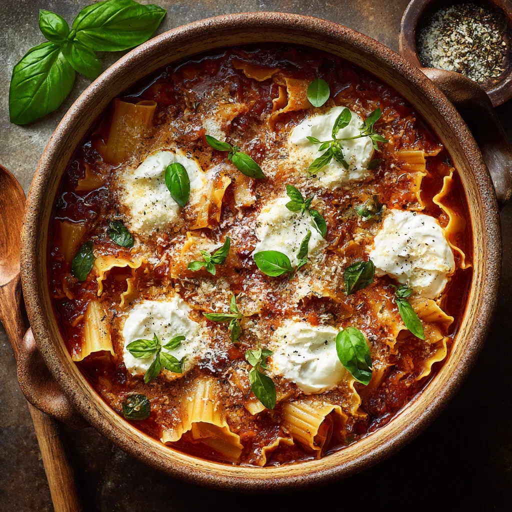 One Pot Lasagnesuppe in rustikalem Topf mit Ricotta und Basilikum von oben fotografiert