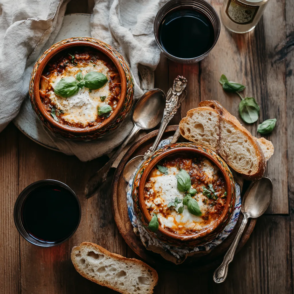Servierte One Pot Lasagnesuppe in Schalen mit Brot und Wein auf gedecktem Tisch