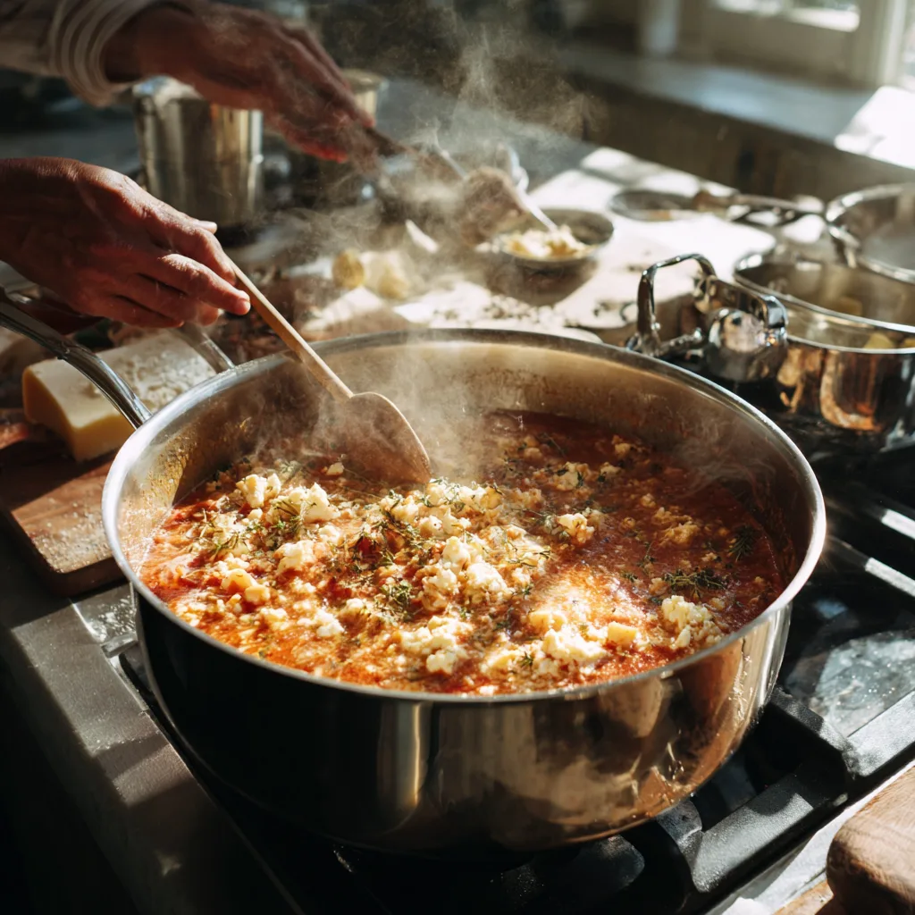 One Pot Lasagnesuppe Zubereitung mit Nudeln im Topf während des Kochvorgangs