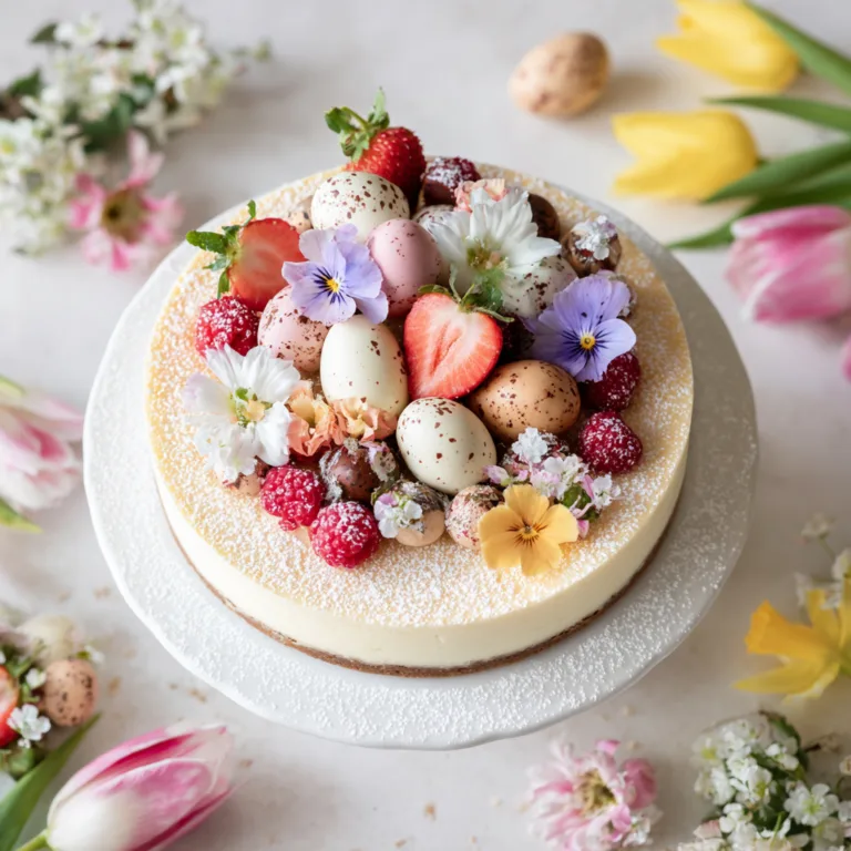 Oster-Käsekuchen von oben mit bunten Eiern und Früchten dekoriert auf weißem Kuchenständer