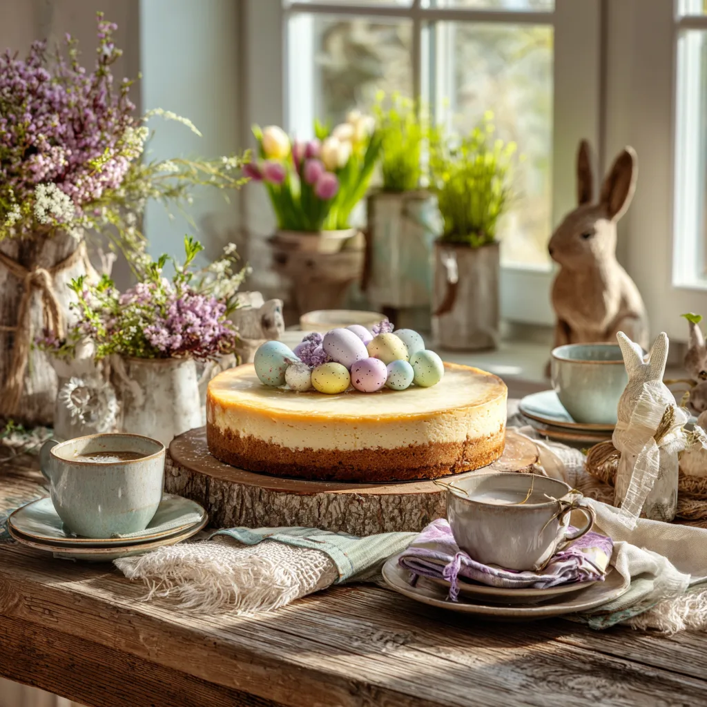 Oster-Käsekuchen serviert auf festlich gedecktem Tisch mit Kaffee und Osterdekoration