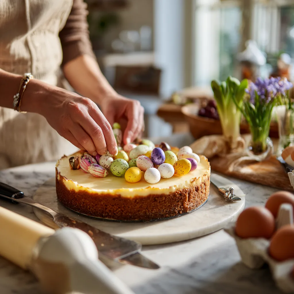 Oster-Käsekuchen wird in heller Küche mit Schokoeiern dekoriert