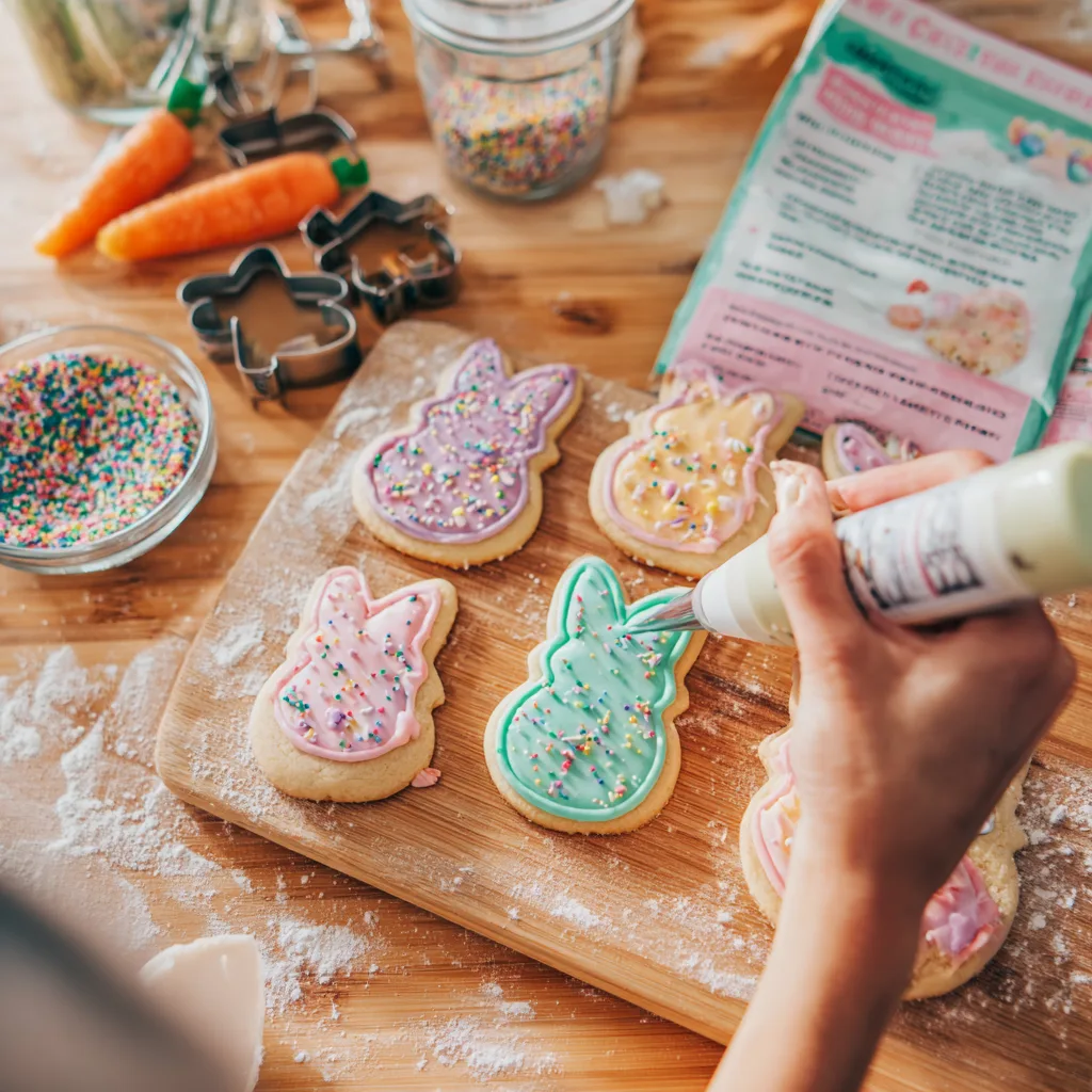 Osterdesserts zubereiten – Hände dekorieren Osterhasenkekse mit buntem Royal Icing