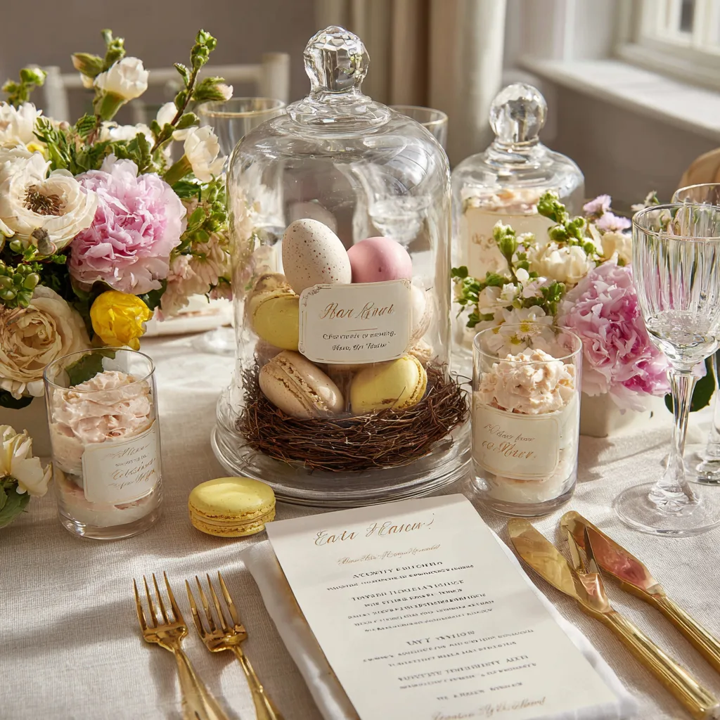 Osterdesserts serviert – festlich gedeckter Ostertisch mit Nestkuchen, Macarons und Mousse im Glas