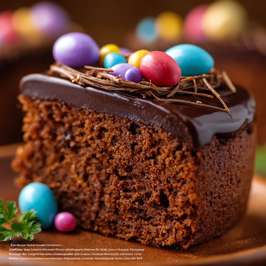 Nahaufnahme Osterdesserts – Schokoladennestkuchen mit Schokoladenglasur und Ostereiern