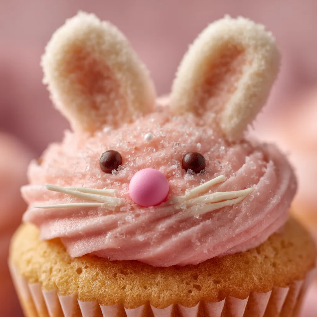 Nahaufnahme Osterhasen Cupcake mit Zuckerguss und Marshmallow Ohren Detail
