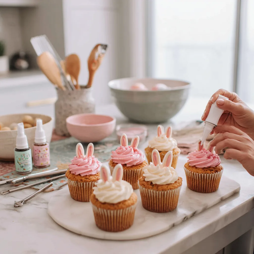 Osterhasen Cupcakes dekorieren in der Küche mit Spritzbeutel und Zuckerguss