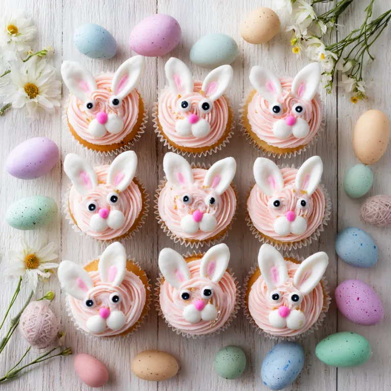 Osterhasen Cupcakes mit rosa Zuckerguss von oben fotografiert auf weißem Holztisch