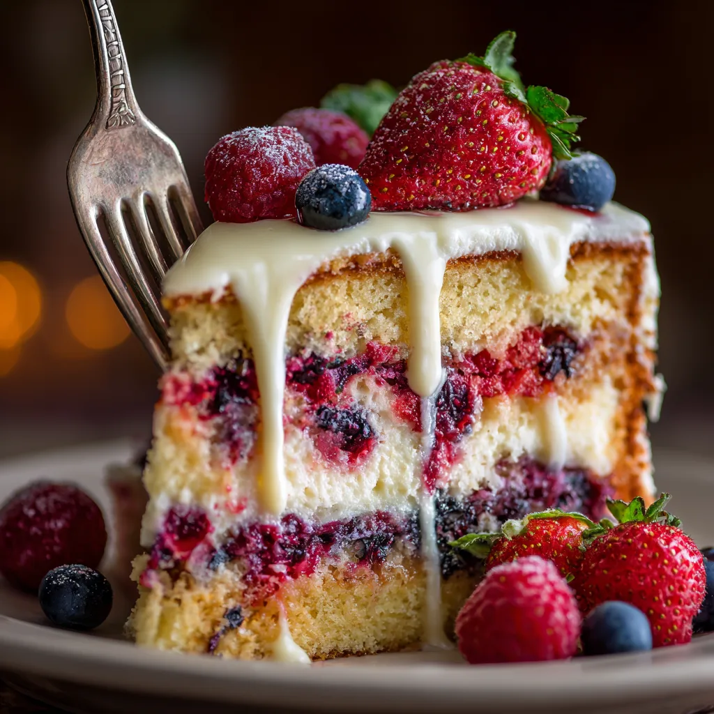 Nahaufnahme eines saftigen Kuchenstücks mit Frühlingsfrüchten und Frischkäse-Glasur