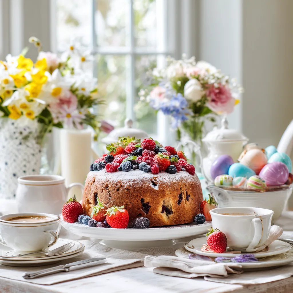Festlich servierter Osterkuchen mit Frühlingsfrüchten auf gedecktem Ostertisch