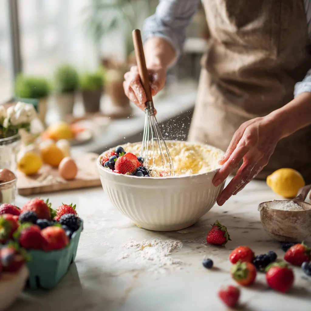 Zubereitung des Osterkuchens mit Frühlingsfrüchten in der Küche mit frischen Zutaten