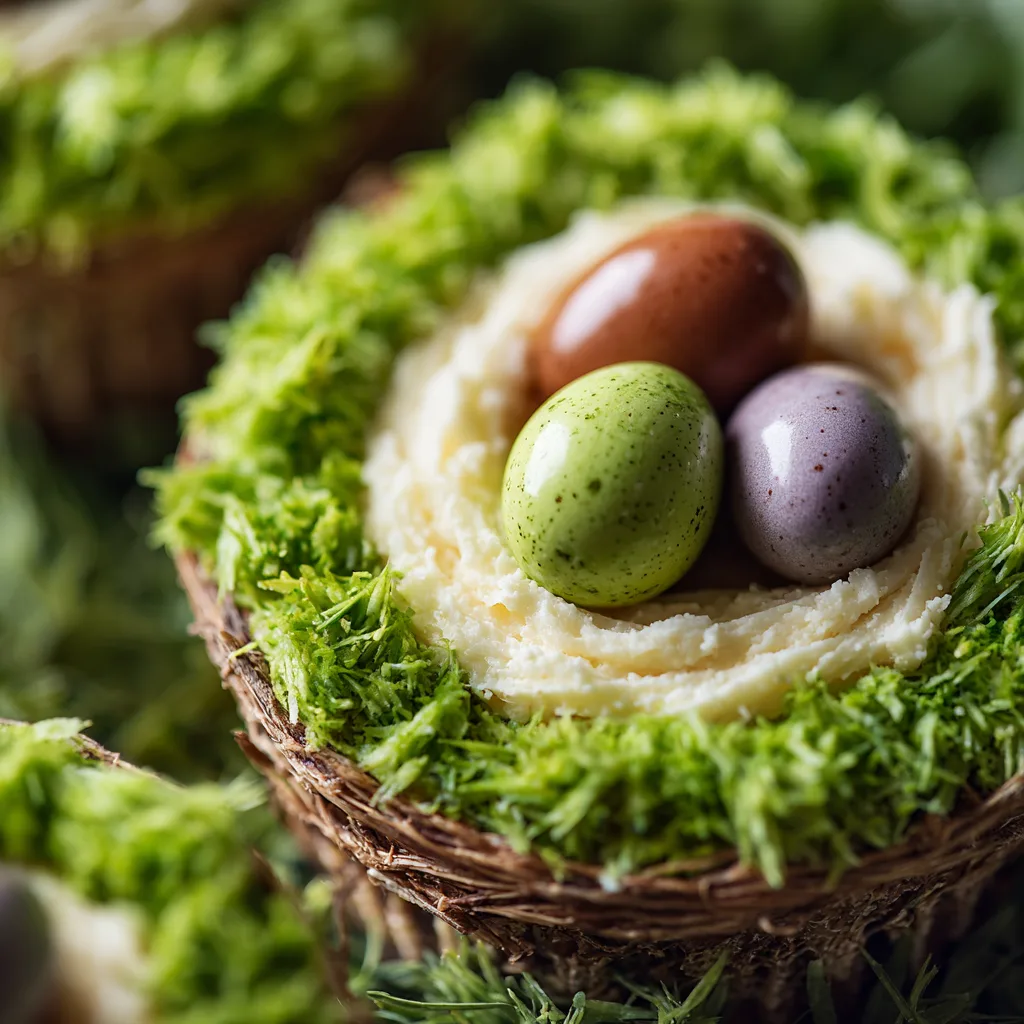 Nahaufnahme Osternest Cupcakes dekorieren zeigt Details von Kokosraspeln und Frosting