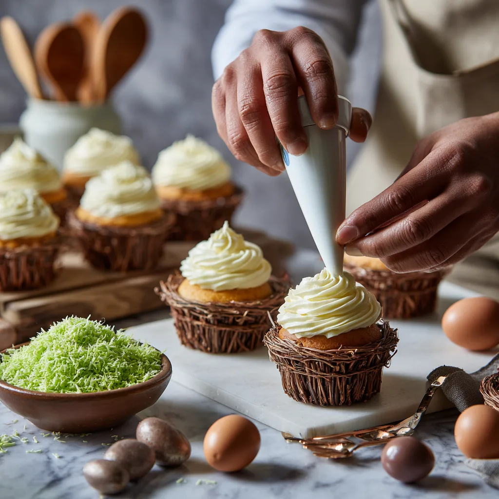 Osternest Cupcakes dekorieren Schritt-für-Schritt mit Spritzbeutel und Kokosraspeln