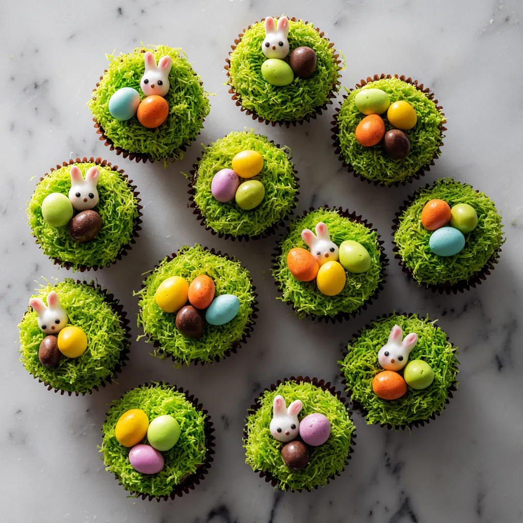 Osternest Cupcakes dekorieren mit grünem Kokos und bunten Schokoladeneiern in Draufsicht