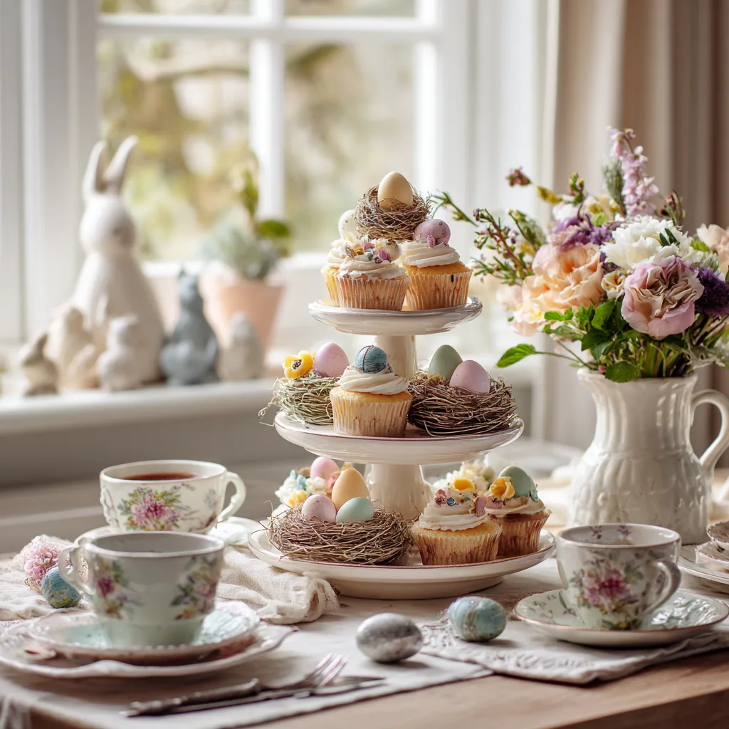 Osternest Cupcakes dekorieren Serviervorschlag auf festlichem Ostertisch mit Frühlingsblumen