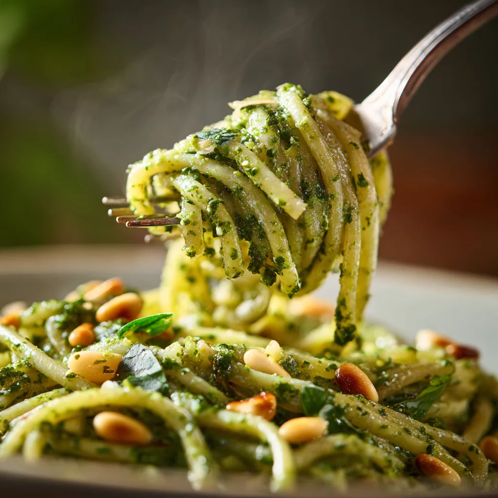 Nahaufnahme von Pasta mit Bärlauch-Pesto auf Gabel mit cremiger grüner Sauce
