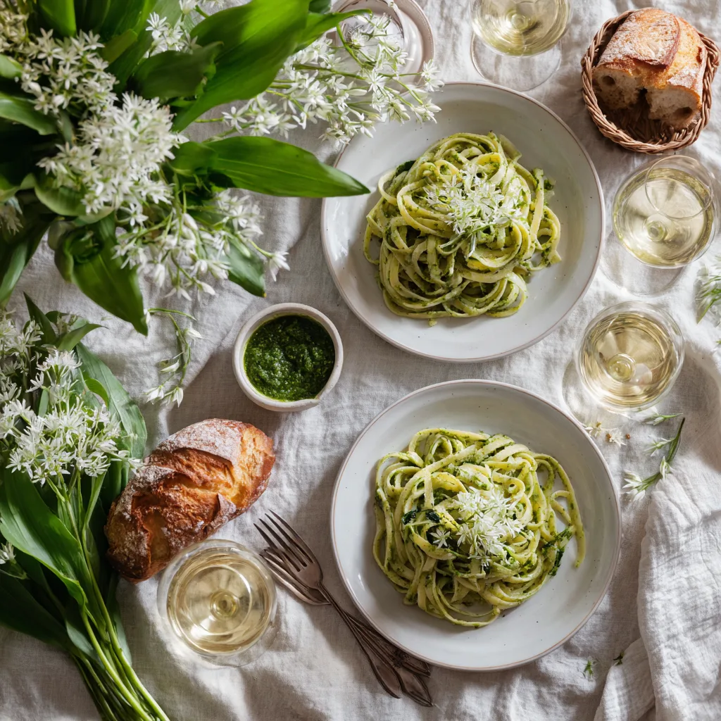 Pasta mit Bärlauch-Pesto serviert auf gedecktem Tisch mit Weißwein und Baguette