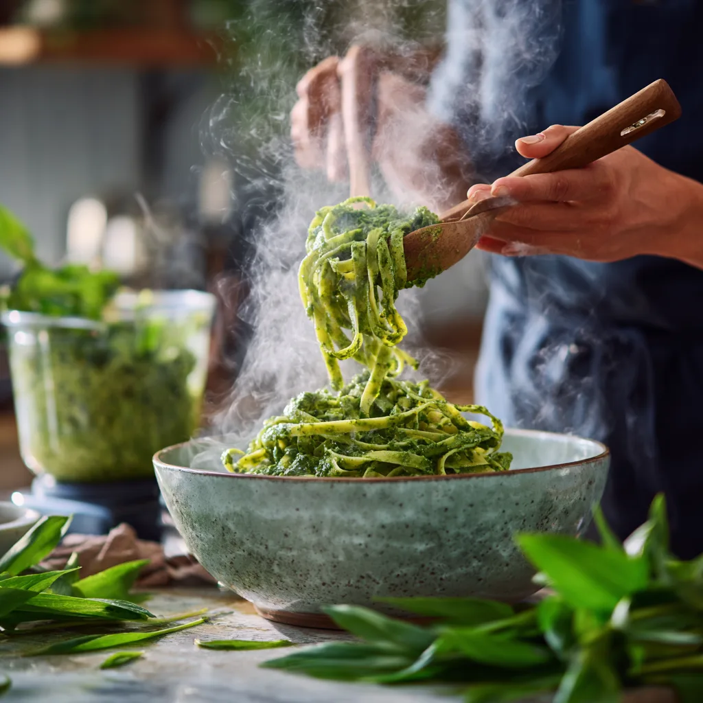 Zubereitung von Pasta mit Bärlauch-Pesto in der Küche mit frischen Zutaten