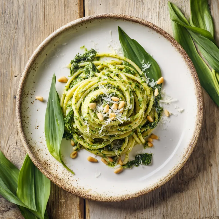Pasta mit Bärlauch-Pesto auf weißem Teller von oben fotografiert mit Pinienkernen und Parmesan