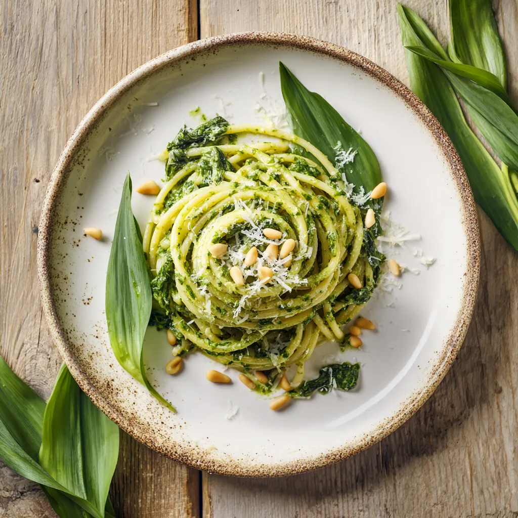 Pasta mit Bärlauch-Pesto auf weißem Teller von oben fotografiert mit Pinienkernen und Parmesan