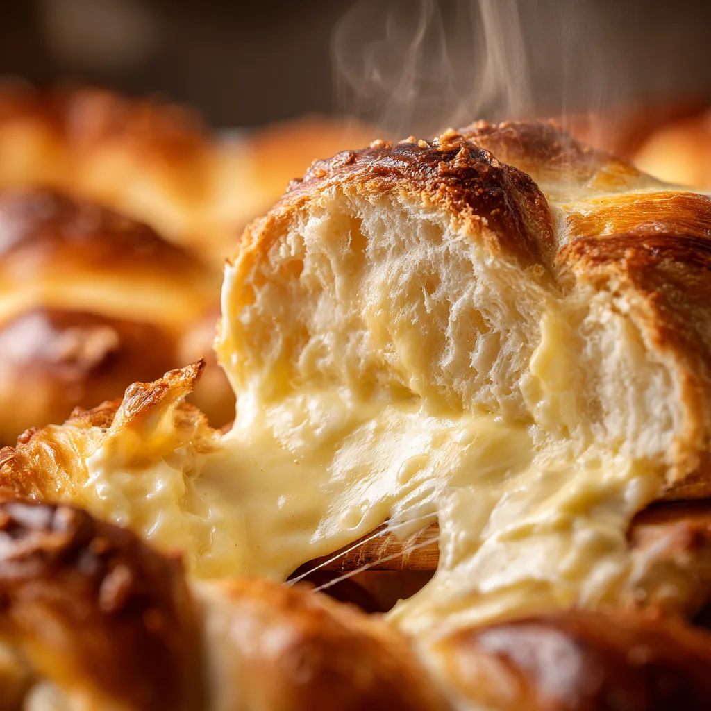 Nahaufnahme einer aufgebrochenen Puddingbrezel Vanille mit cremiger Füllung