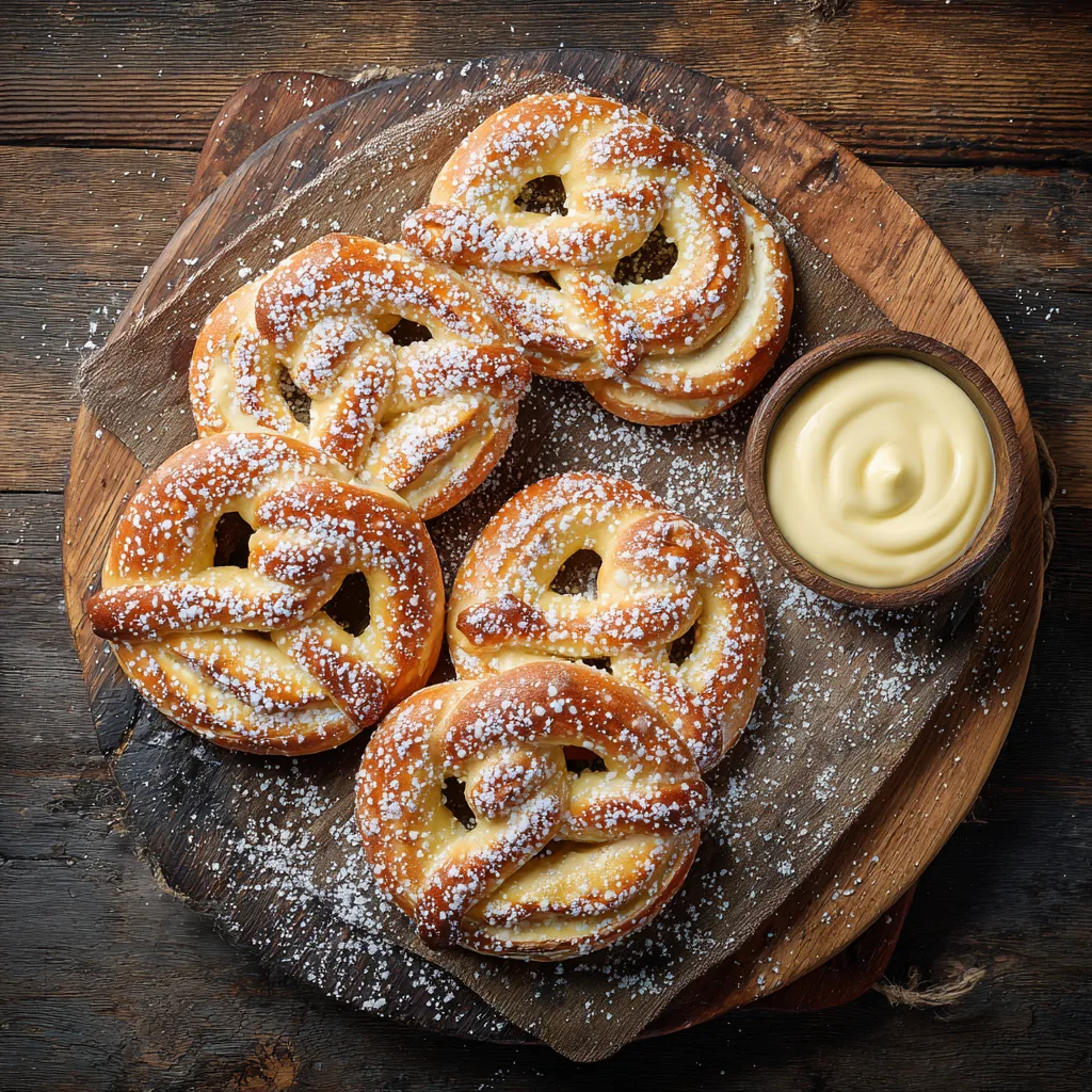 Puddingbrezel Vanille von oben auf rustikalem Holzbrett mit Puderzucker