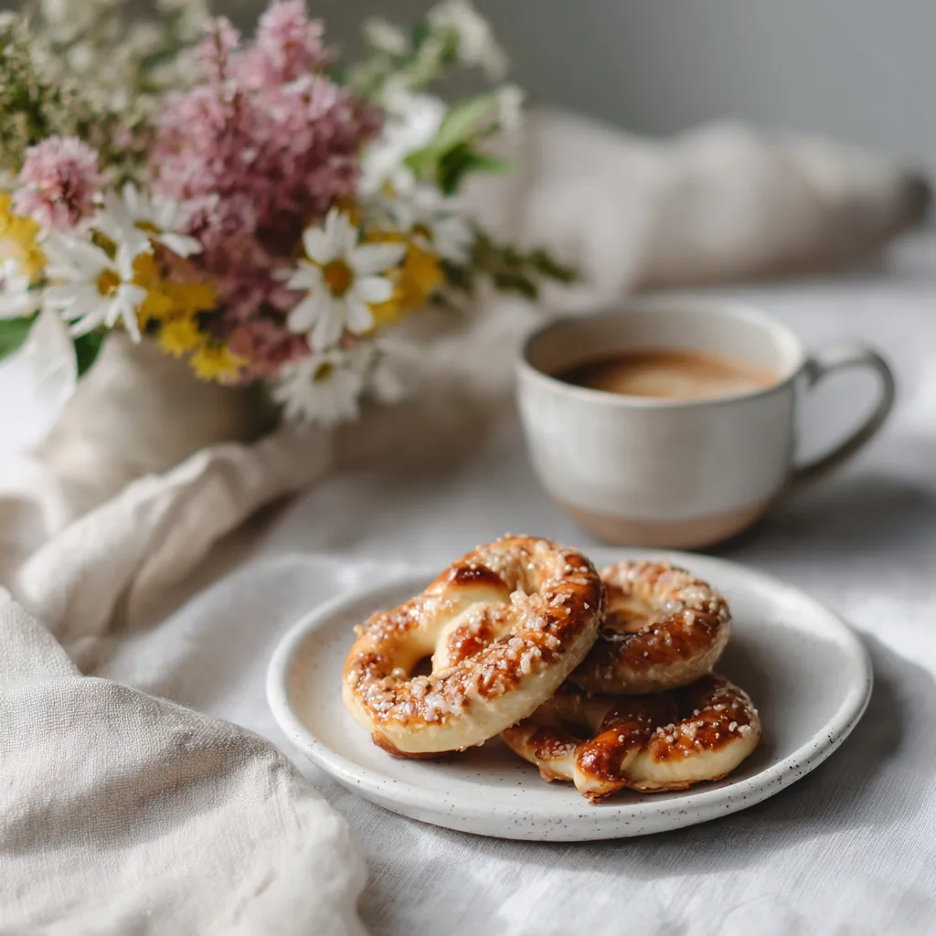 Puddingbrezel Vanille auf gedecktem Tisch mit Kaffee serviert