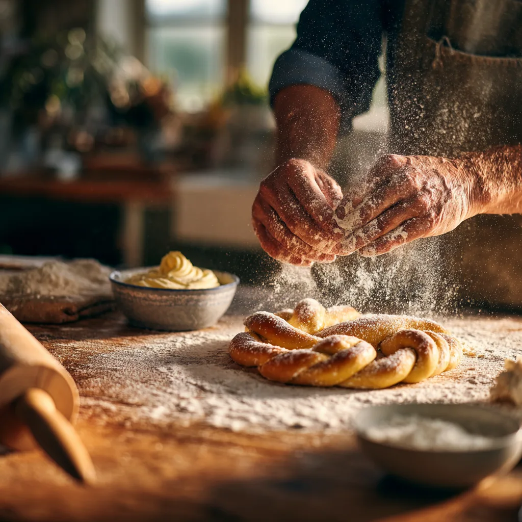 Hände formen Puddingbrezel Vanille Teig auf bemehlter Arbeitsfläche