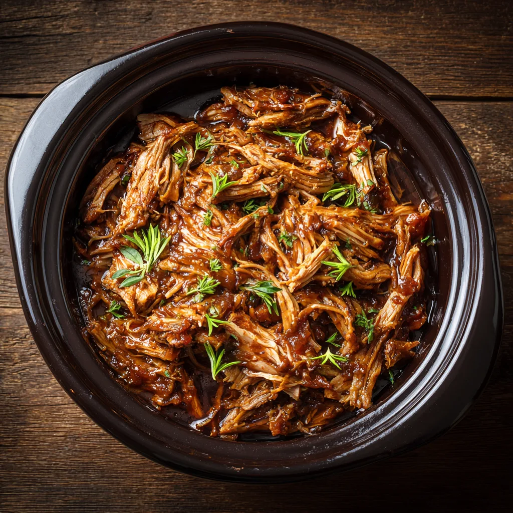Pulled Pork aus dem Crockpot mit BBQ Sauce in rustikalem Topf von oben fotografiert