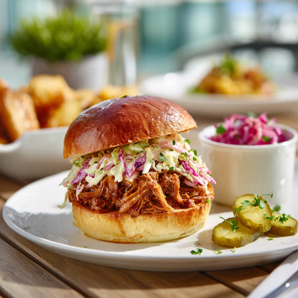 Pulled Pork Sandwich aus dem Crockpot serviert mit Cole Slaw und Pickles
