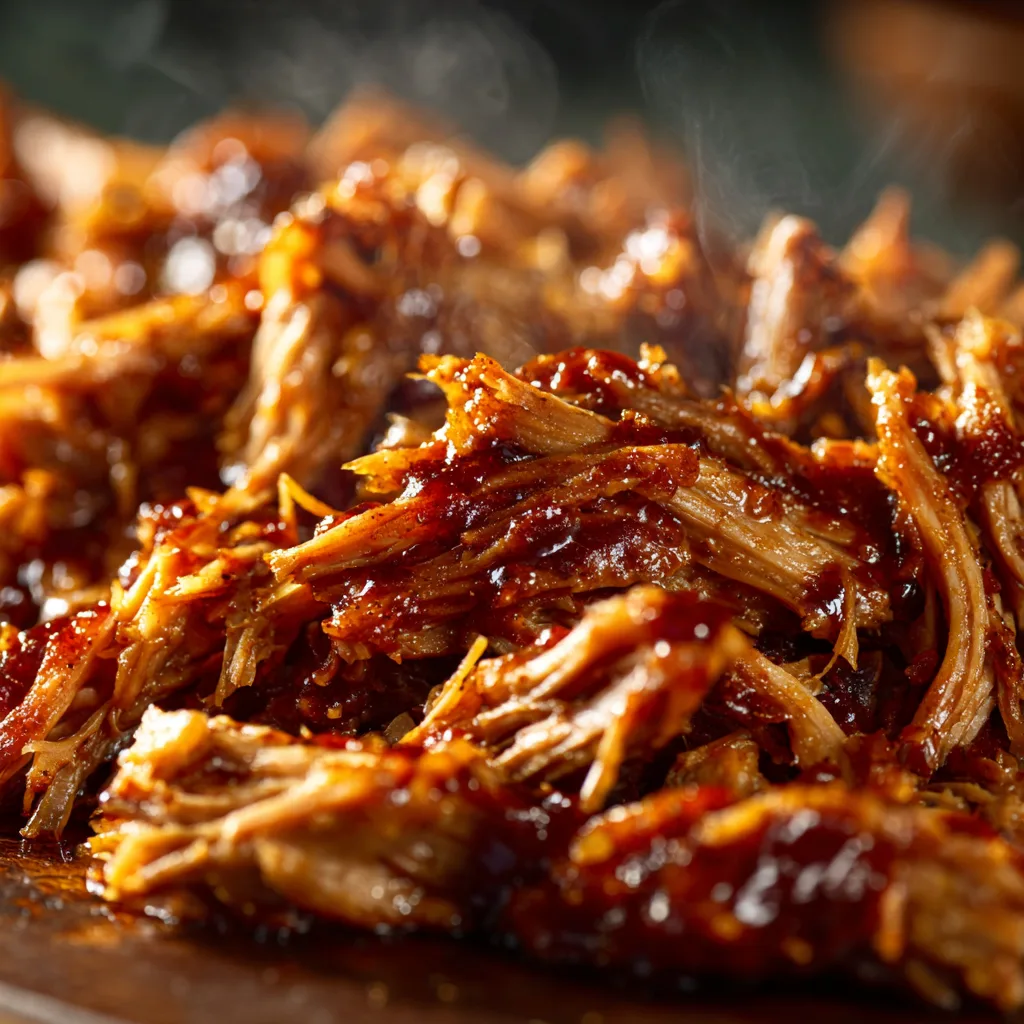 Nahaufnahme von zartem gezupftem Pulled Pork mit BBQ Sauce Glasur