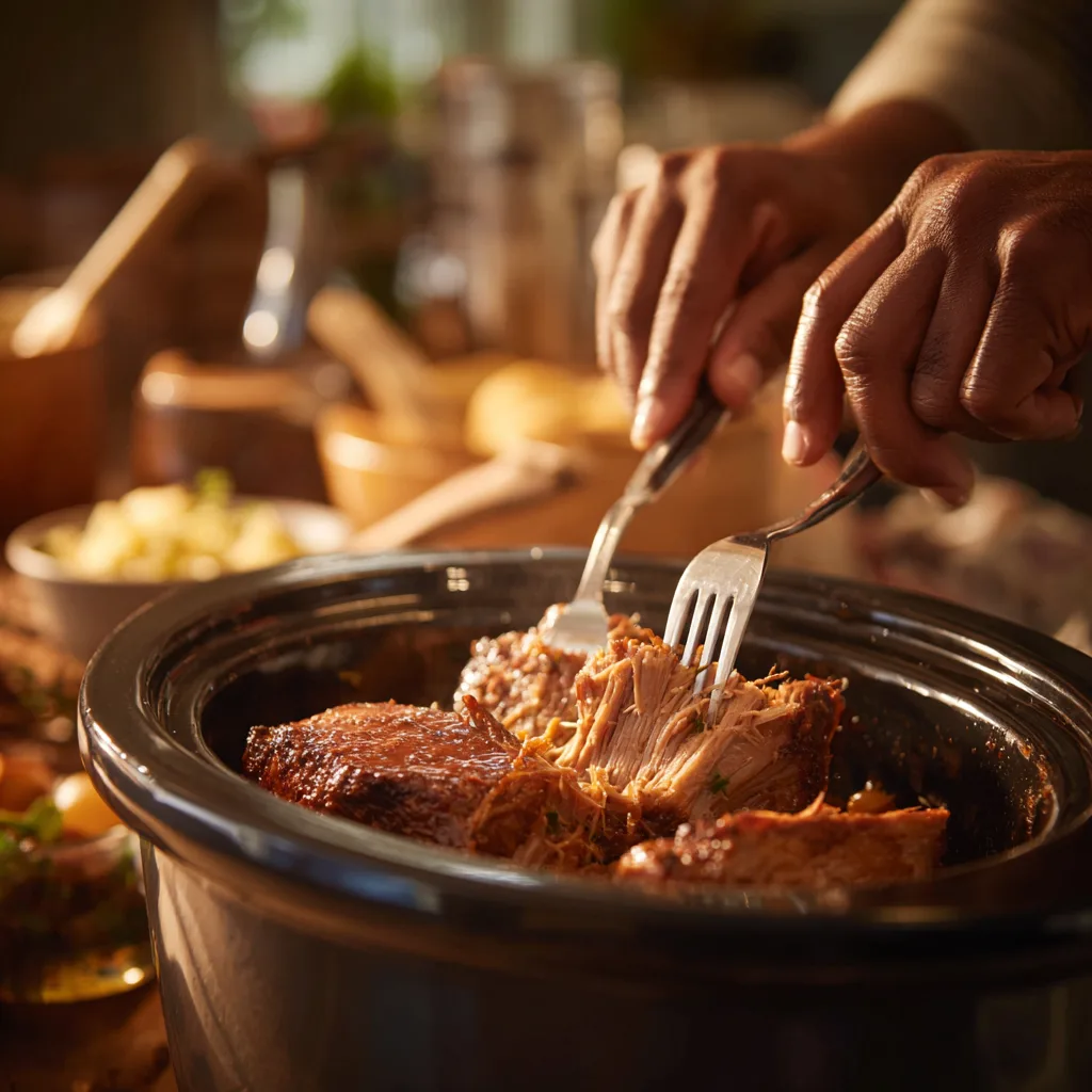 Pulled Pork wird mit zwei Gabeln im Crockpot auseinandergezupft