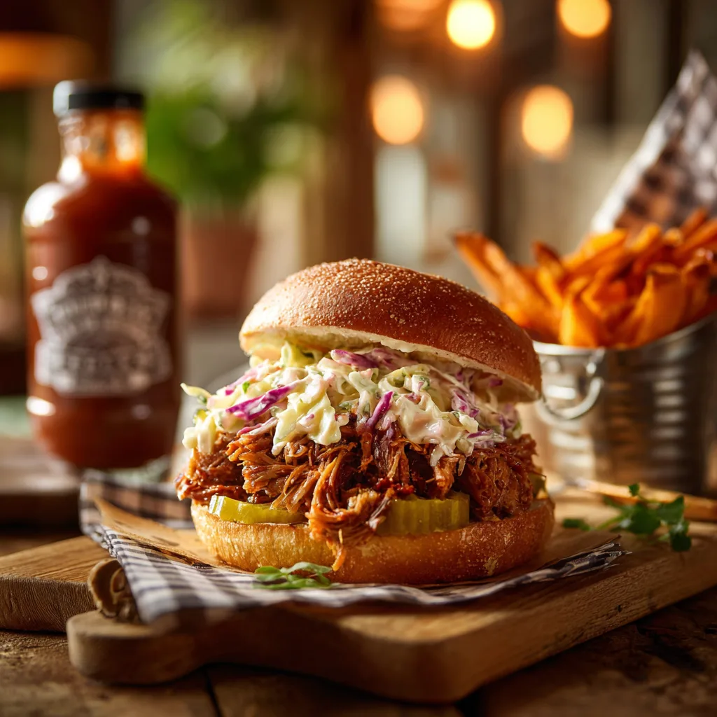 Pulled Pork Slow Cooker Burger mit Coleslaw auf Holzbrett serviert