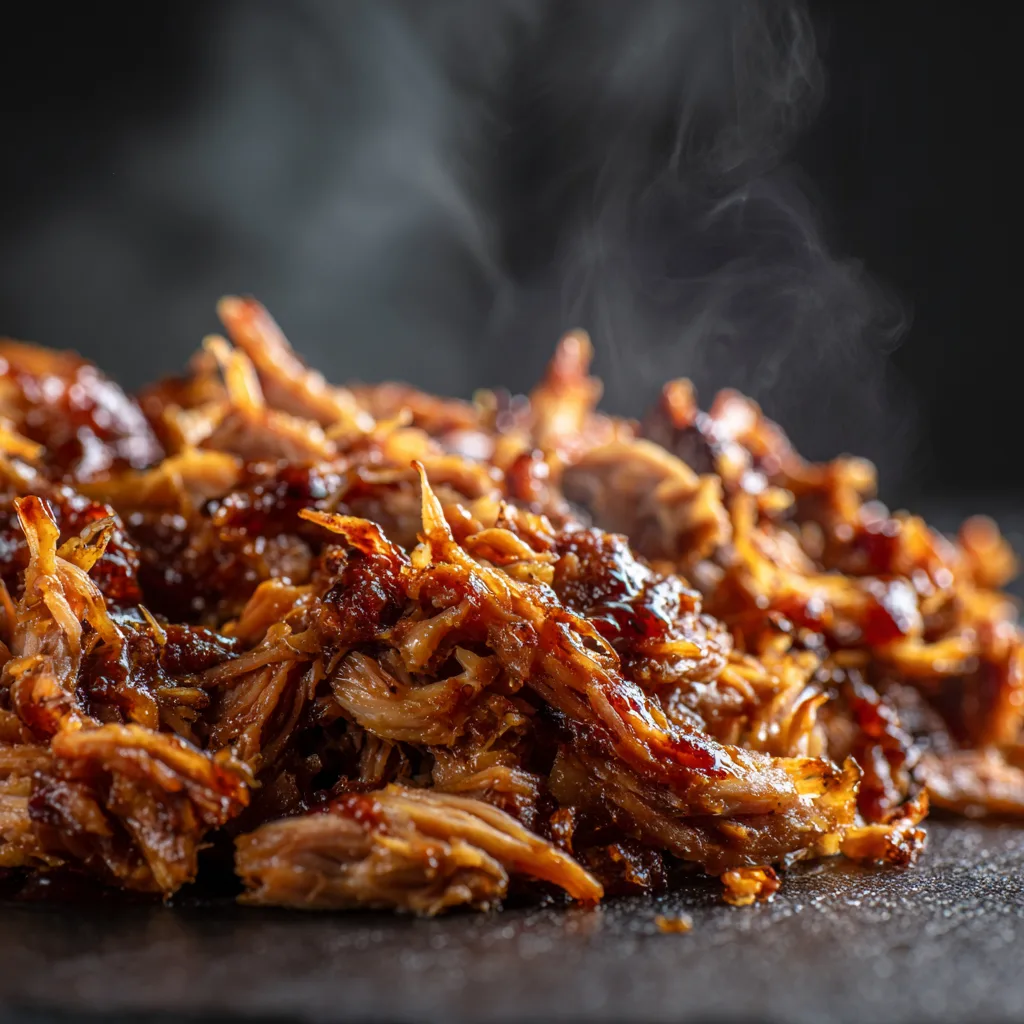 Nahaufnahme von zartem Pulled Pork Slow Cooker mit BBQ-Glasur
