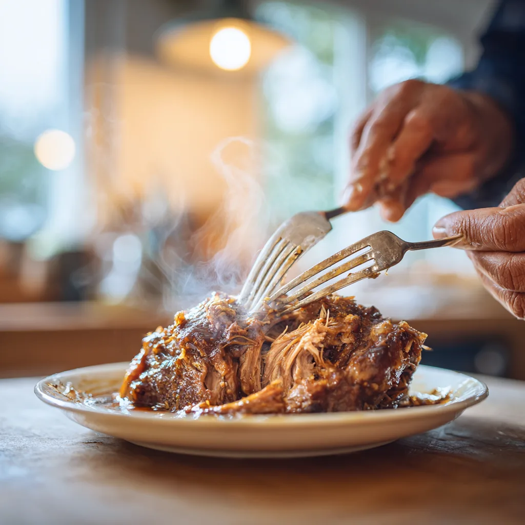 Pulled Pork Slow Cooker zubereitung mit zwei Gabeln auseinanderziehen