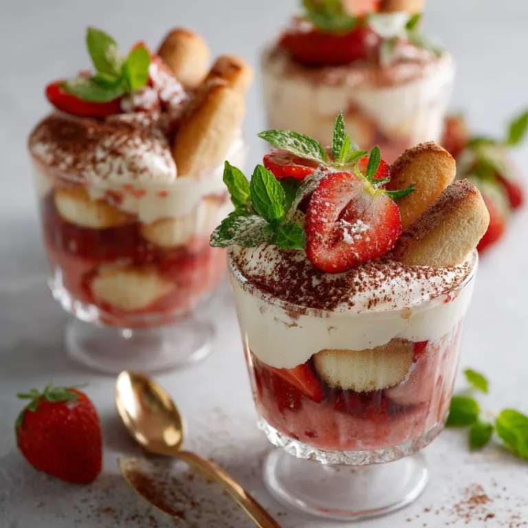 Rhabarber-Erdbeer-Tiramisu im Glas von oben mit Schichten aus Mascarpone-Creme und Früchten