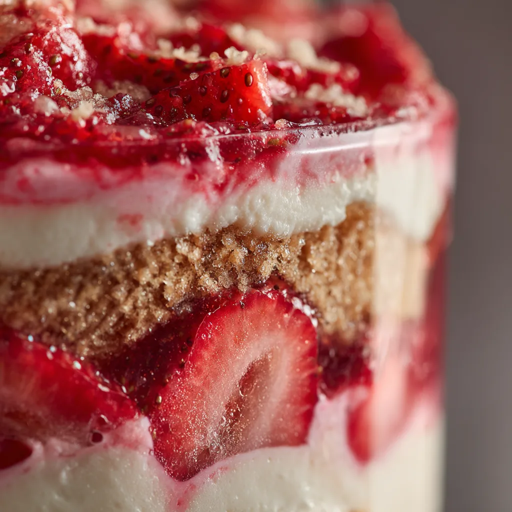 Nahaufnahme der cremigen Schichten im Rhabarber-Erdbeer-Tiramisu mit Fruchtkompott