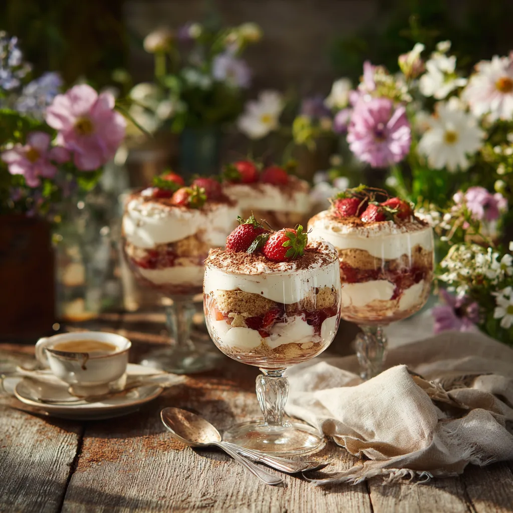 Rhabarber-Erdbeer-Tiramisu servierfertig auf gedecktem Tisch im Frühling
