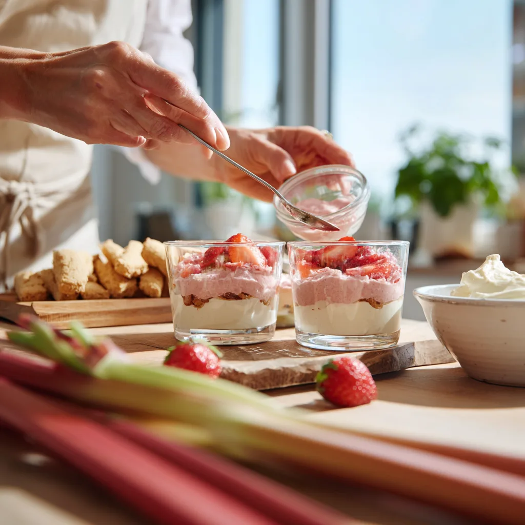 Rhabarber-Erdbeer-Tiramisu wird in der Küche geschichtet - Zubereitung Schritt für Schritt