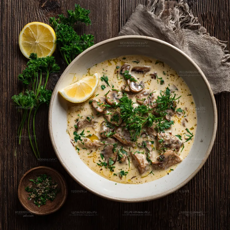 Rindergeschnetzeltes mit Champignons und cremiger Sauce – Draufsicht