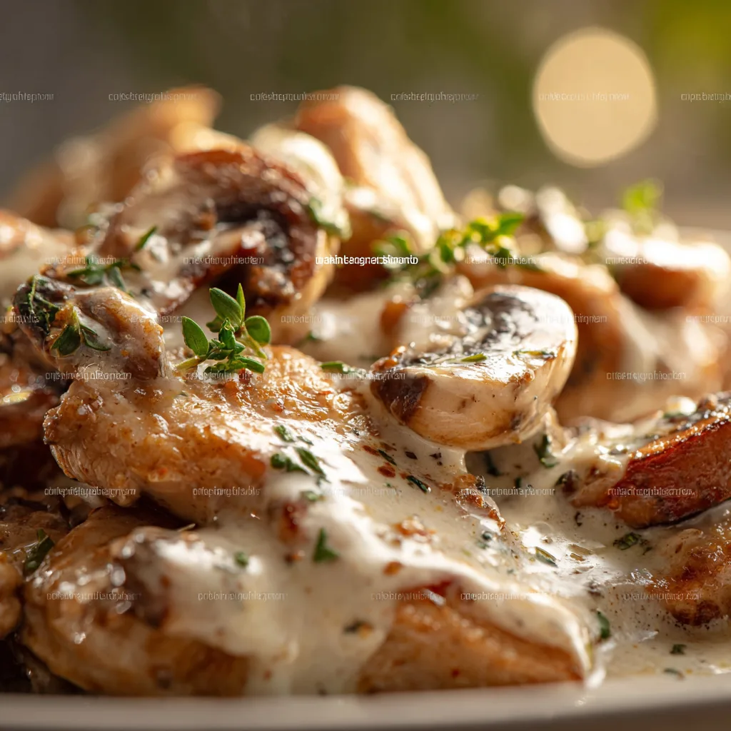 Rindergeschnetzeltes Nahaufnahme – zartes Fleisch in cremiger Champignonsauce