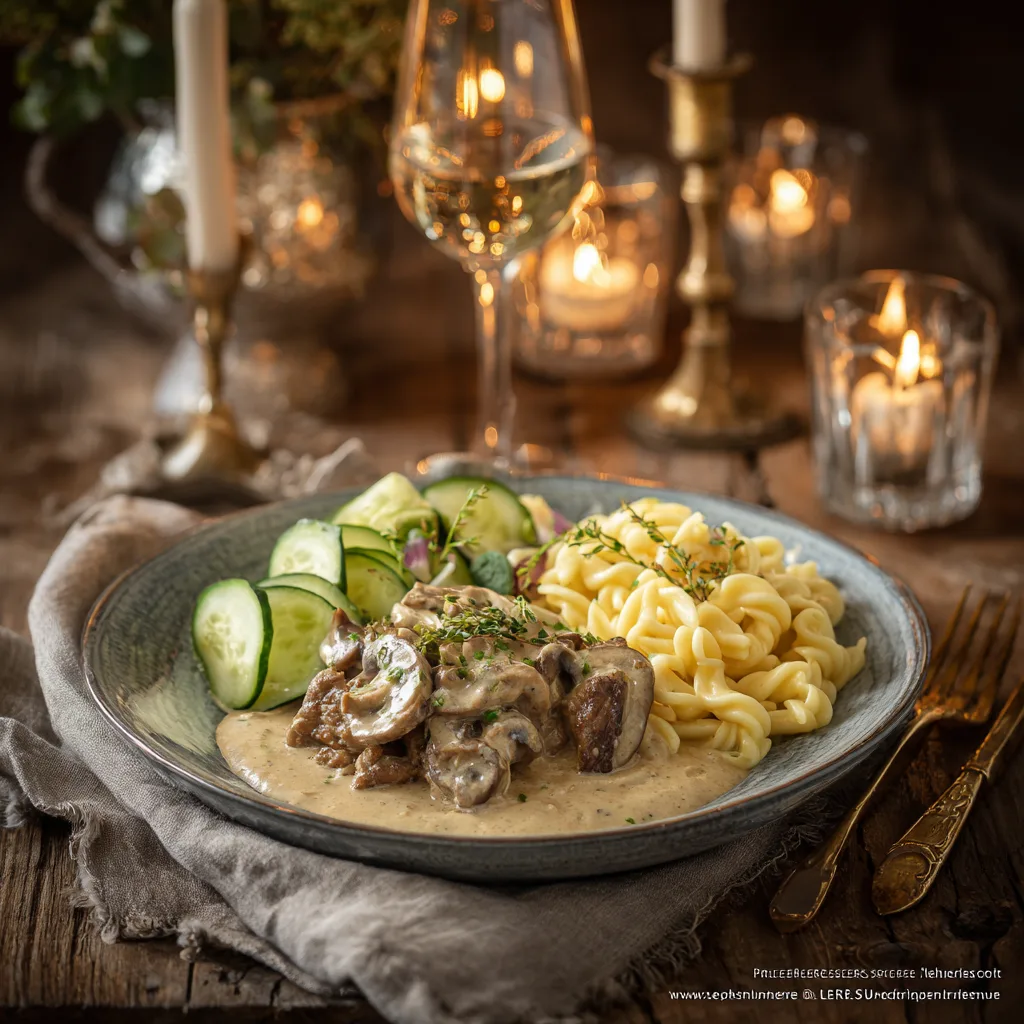 Rindergeschnetzeltes serviert mit Spätzle auf gedecktem Tisch